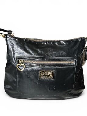 COACH Daisy Liquid Gloss Patent Leather Hobo Shoulder Bag Black Gold